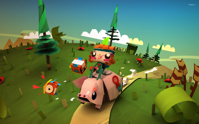 Pig riding toy cartoon trees free wallpaper - medium preview image