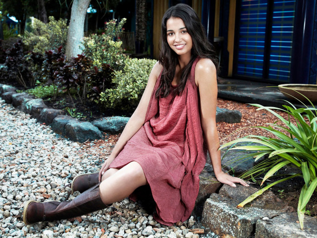 Woman red dress boots smiling free wallpaper - medium preview image