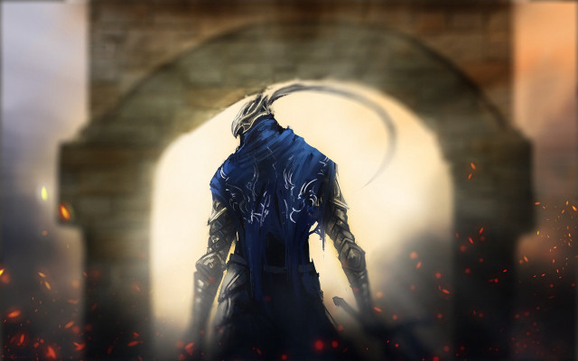 Man blue outfit doorway sword free wallpaper - medium preview image