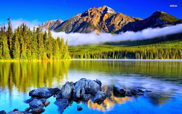 Mountain range lake trees clouds free wallpaper - medium preview image