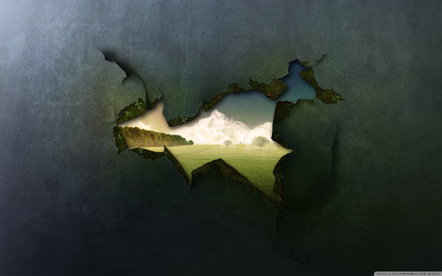 Broken wall hole field clouds free wallpaper - medium preview image