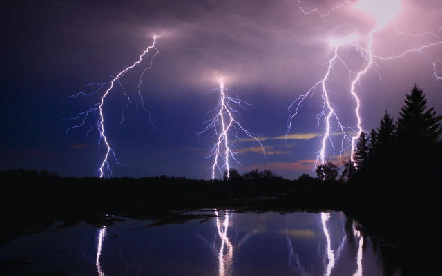 Lightning strikes lake night reflection free wallpaper - medium preview image