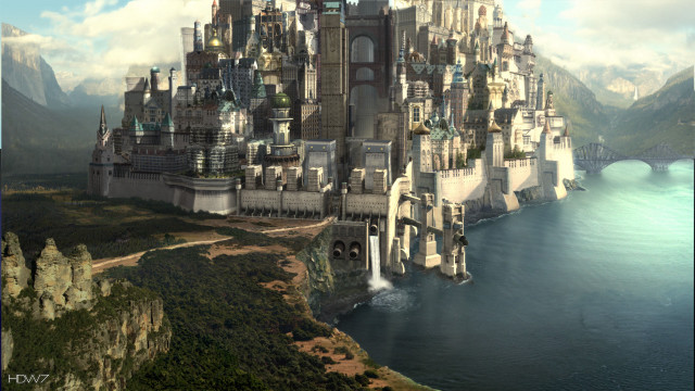 Castle cliff water mountains bridge free wallpaper - medium preview image