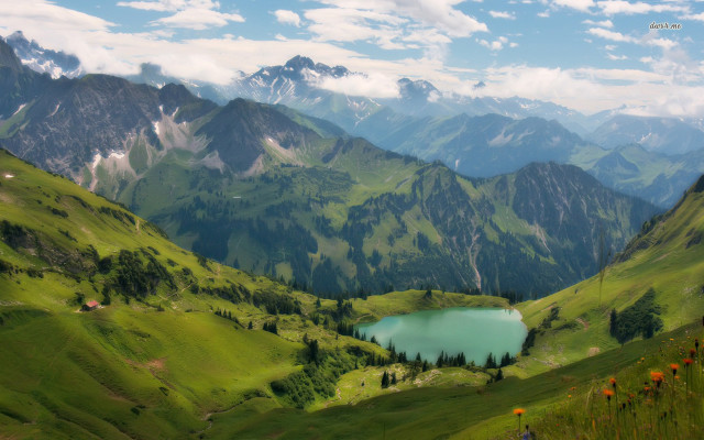 Mountain lake grass flowers blue free wallpaper - medium preview image