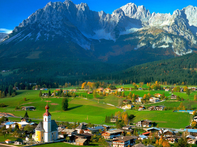 Small town church mountains background free wallpaper - medium preview image