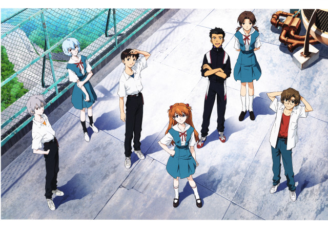Anime characters sidewalk fence bench free wallpaper - medium preview image