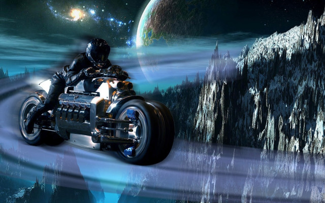 Man motorcycle futuristic landscape mountain free wallpaper - medium preview image