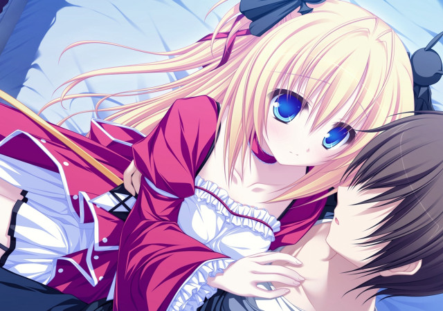Anime couple bed together laying free wallpaper - medium preview image