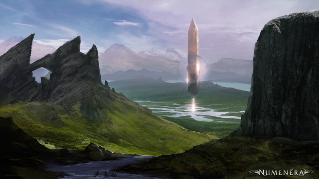 Futuristic landscape giant tower river free wallpaper - medium preview image