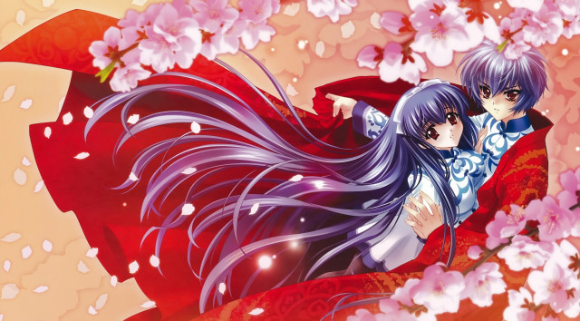 Anime characters hugging cherry blossom free wallpaper - medium preview image