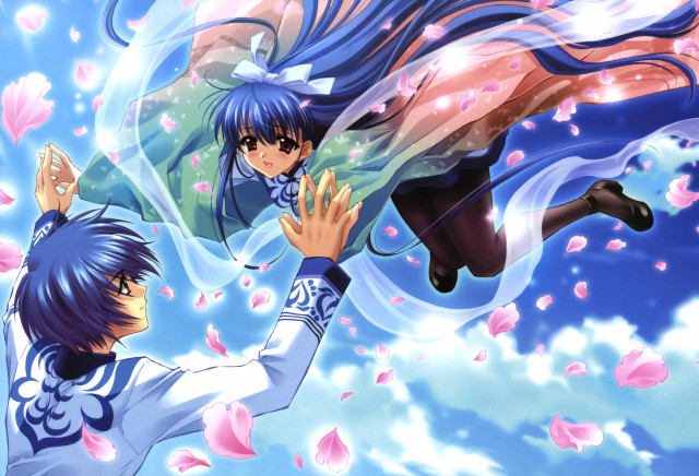 Anime characters flying petals blue free wallpaper - medium preview image