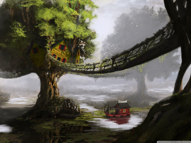 Tree house bridge river boat free wallpaper - medium preview image