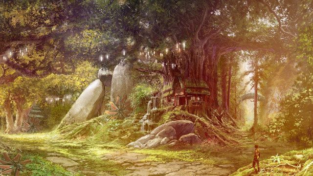 Forest treehouse man standing painting free wallpaper - medium preview image
