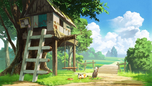 Tree house woods dog laying free wallpaper - medium preview image