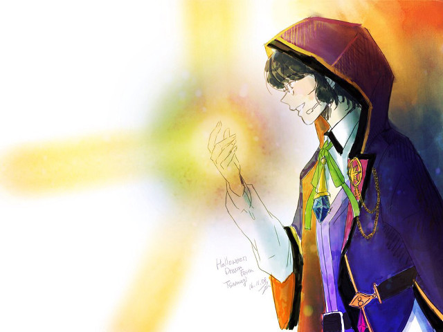 Man purplejacket yellowhoodie greenscarf holography free wallpaper - medium preview image
