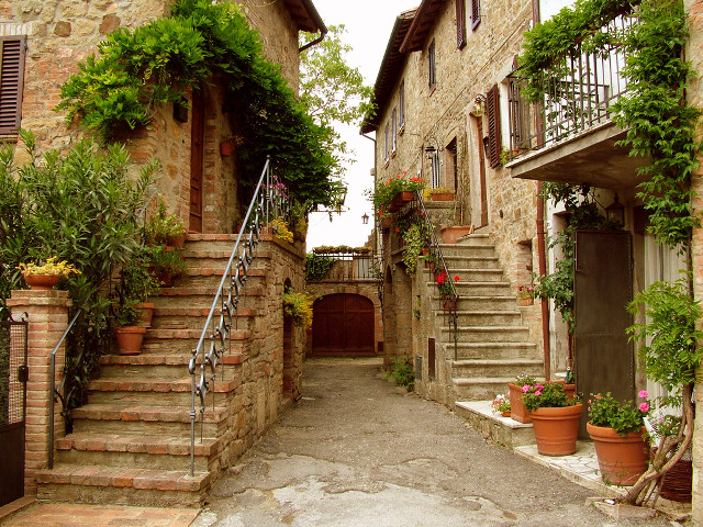 Stone building staircase potted plants free wallpaper - medium preview image