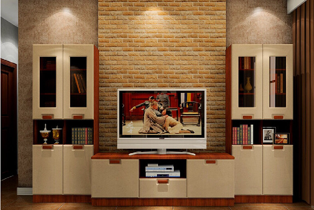 Living room television bookshelf brick free wallpaper - medium preview image