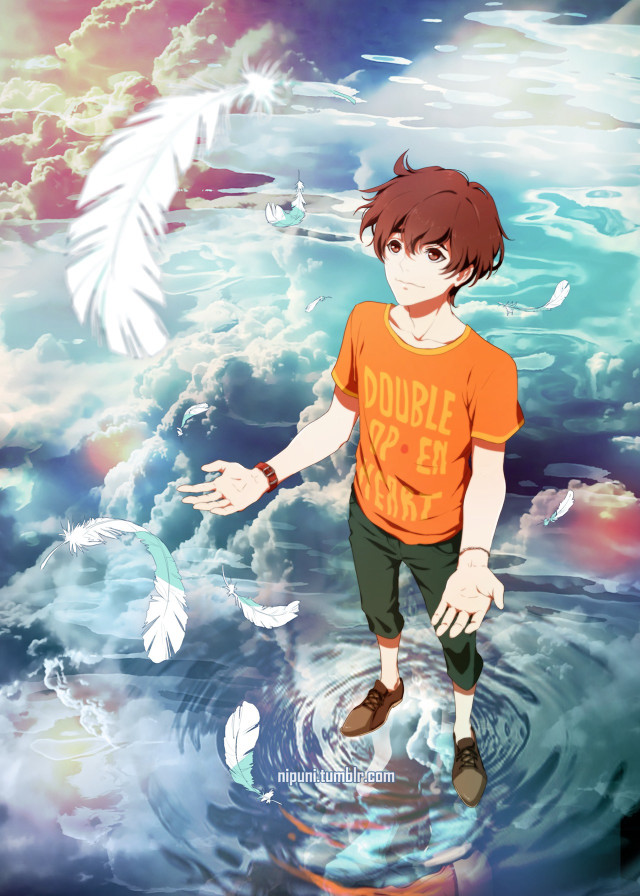 Boy standing water white bird free wallpaper - medium preview image