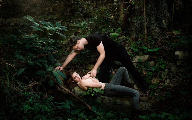 Woman laying tree trunk woods free wallpaper - medium preview image