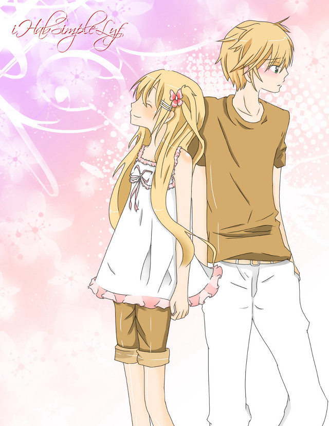 Anime couple pink background swirly free wallpaper - medium preview image