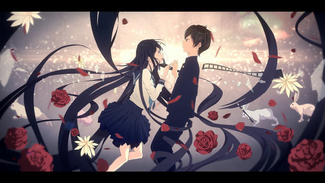 Anime characters field flowers red free wallpaper - medium preview image
