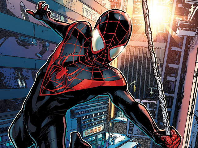 Spider man hanging wire cityscape free wallpaper - medium preview image