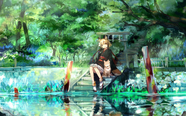 Woman bench dog park trees free wallpaper - medium preview image