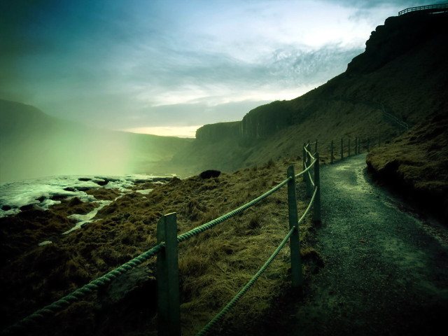 Path cliff ocean mountains fence free wallpaper - medium preview image