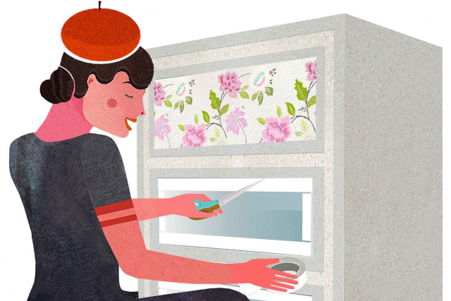 Woman microwave oven cutting food free wallpaper - medium preview image