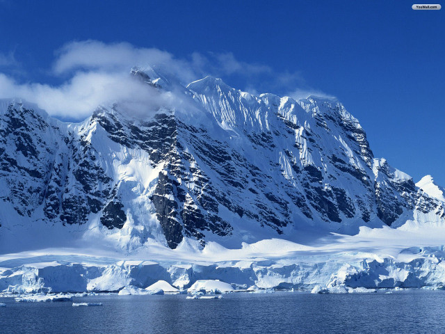 Snowy mountain water clouds boat free wallpaper - medium preview image