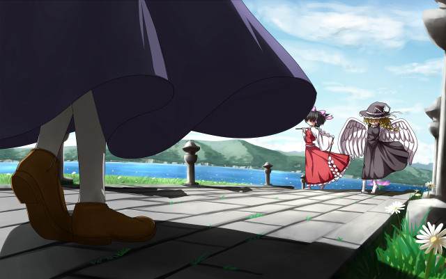 Cartoon two people sidewalk lake free wallpaper - medium preview image