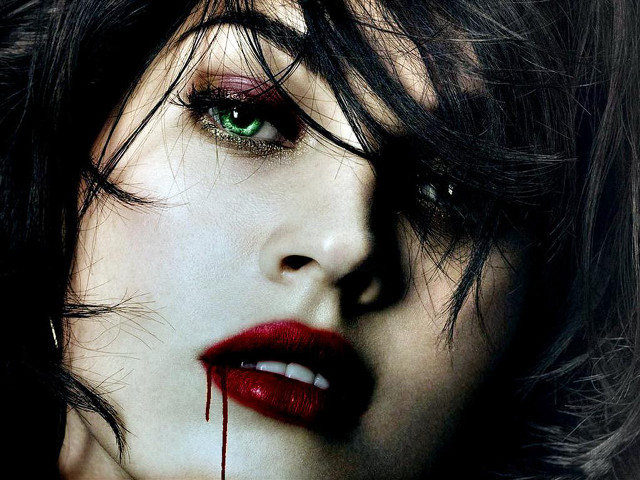 Gothic woman greeneyes blood redlipstick free wallpaper - medium preview image
