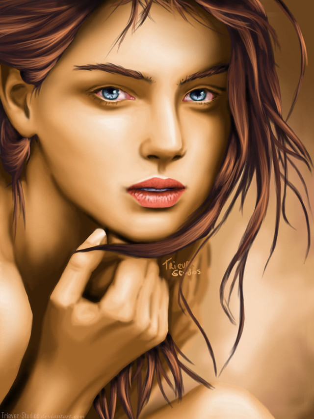 Woman blueeyes brownhair redlips digitalpainting free wallpaper - medium preview image