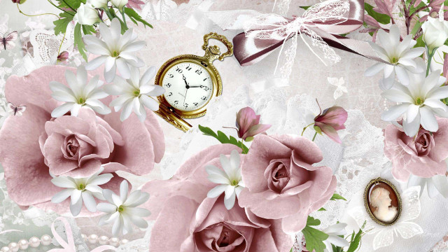 Clock flowers pink ribbon gothic free wallpaper - medium preview image