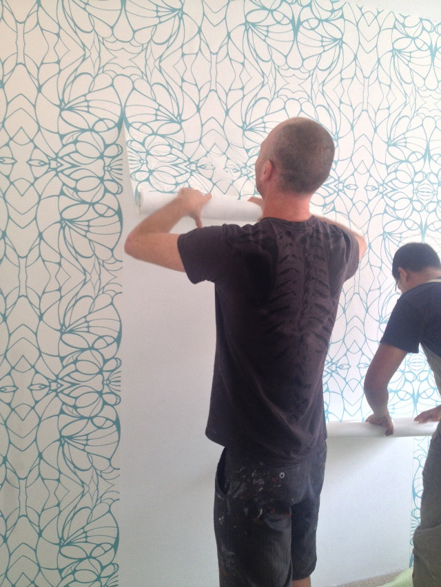 Man painting wall blue white free wallpaper - medium preview image