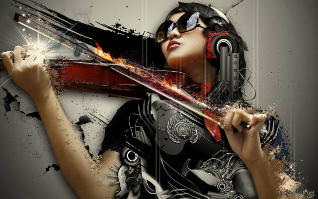 Woman violin paint splatters cyberpunk free wallpaper - medium preview image
