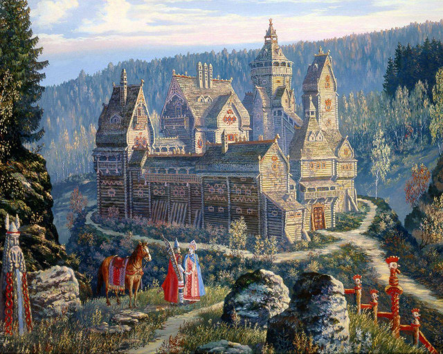 Castle people horse mountain painting free wallpaper - medium preview image