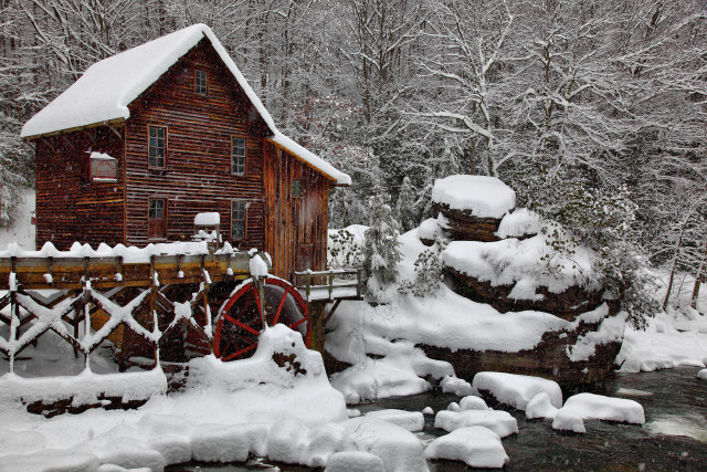 Wooden cabin waterwheel snowy bridge free wallpaper - medium preview image