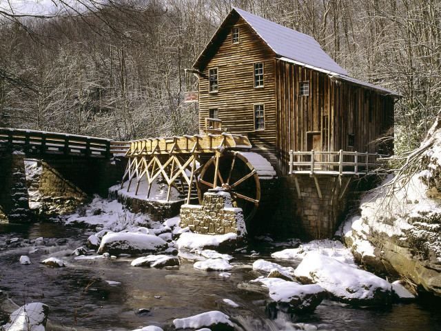 Wooden structure water wheel snow free wallpaper - medium preview image