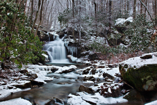 Small waterfall snowy forest rocks free wallpaper - medium preview image