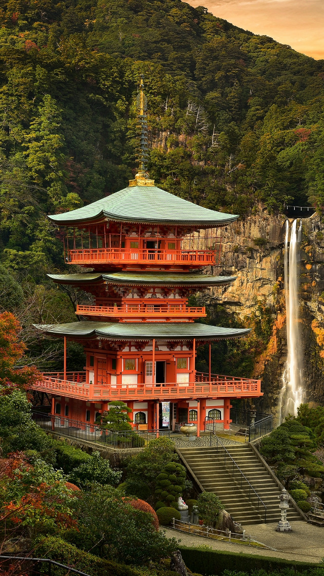 Tall red building waterfall trees free wallpaper - medium preview image