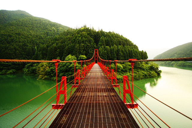 Bridge river red railing forest free wallpaper - medium preview image