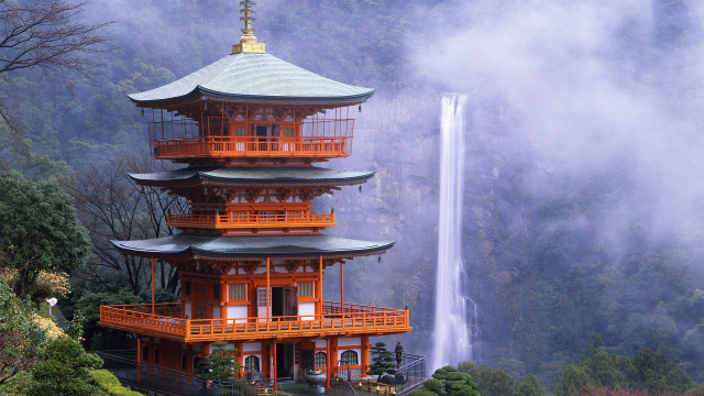 Tall pagoda waterfall fog background #2 free wallpaper - medium preview image