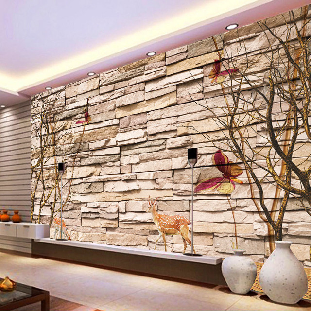 Livingroom stonewall deermural fireplace corner free wallpaper - medium preview image