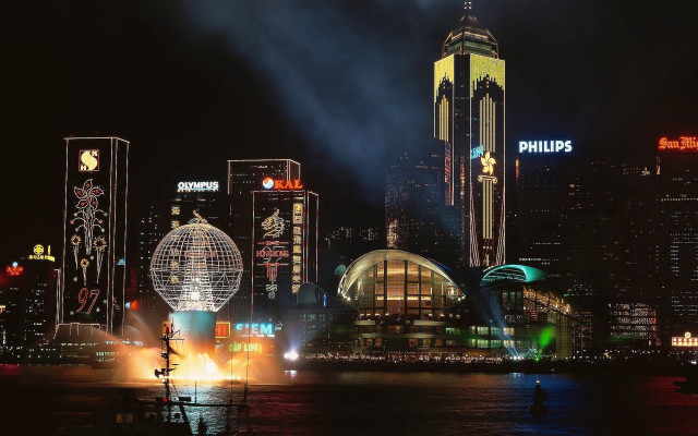 City skyline night fountain lights free wallpaper for desktop - medium preview image