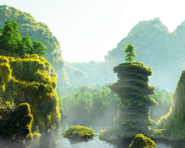 River trees bushes mist fog free wallpaper - medium preview image