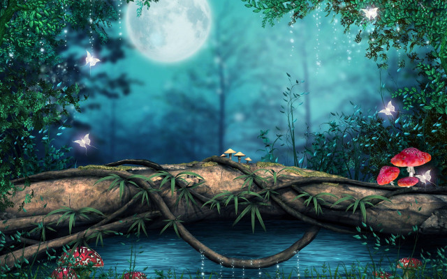Forest moon butterfly tree bush free wallpaper - medium preview image