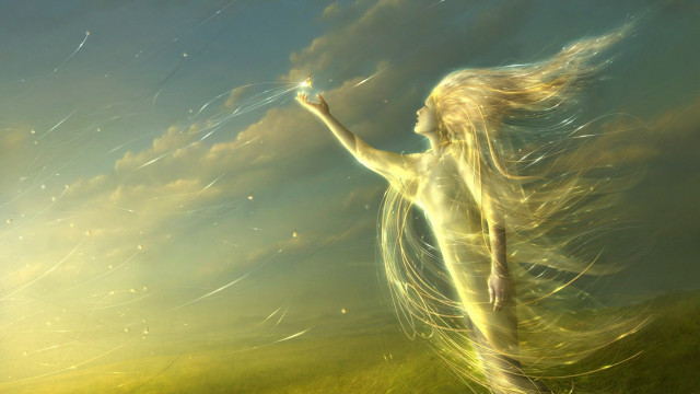 Woman field kite sky clouds #2 free wallpaper - medium preview image