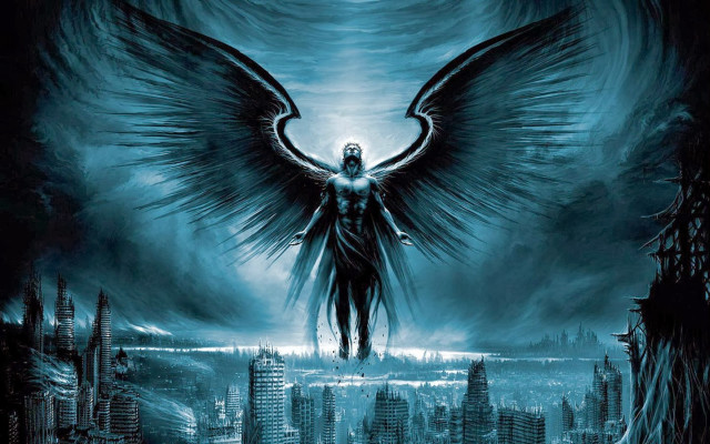 Man large wings city skyline free wallpaper - medium preview image