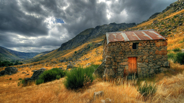 Small stone building field mountains free wallpaper - medium preview image